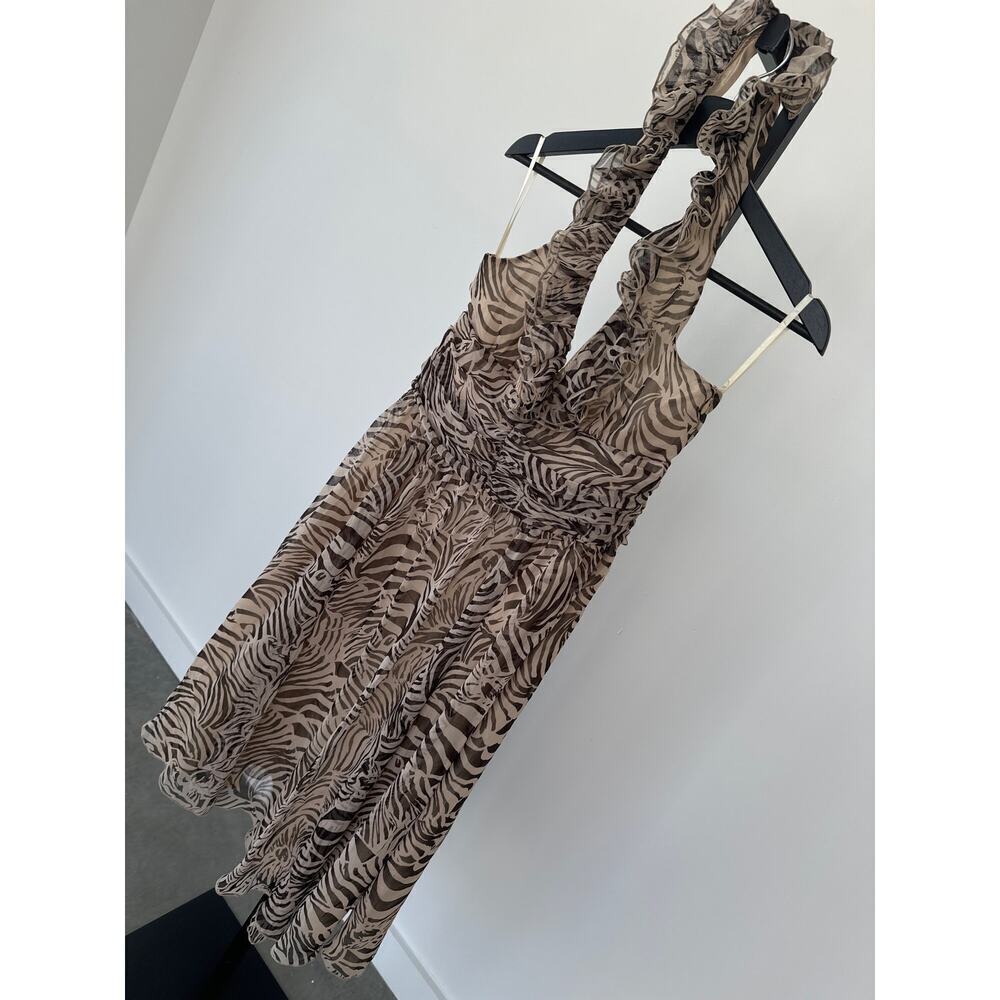 Miss Cherry Halterneck Zebra Print Ruffled Brown & Cream Midi Dress Size 12